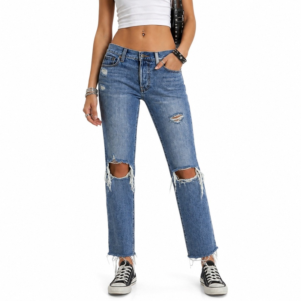 Pistola Presley Distressed Straight Leg Jeans Blue Grunge Raw Hem Size 24